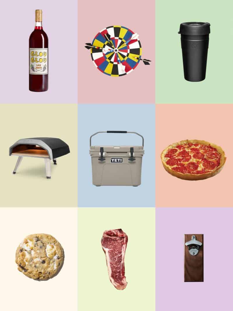 A collage of 9 of our favorite fathers gifts including a pizza oven and wine.