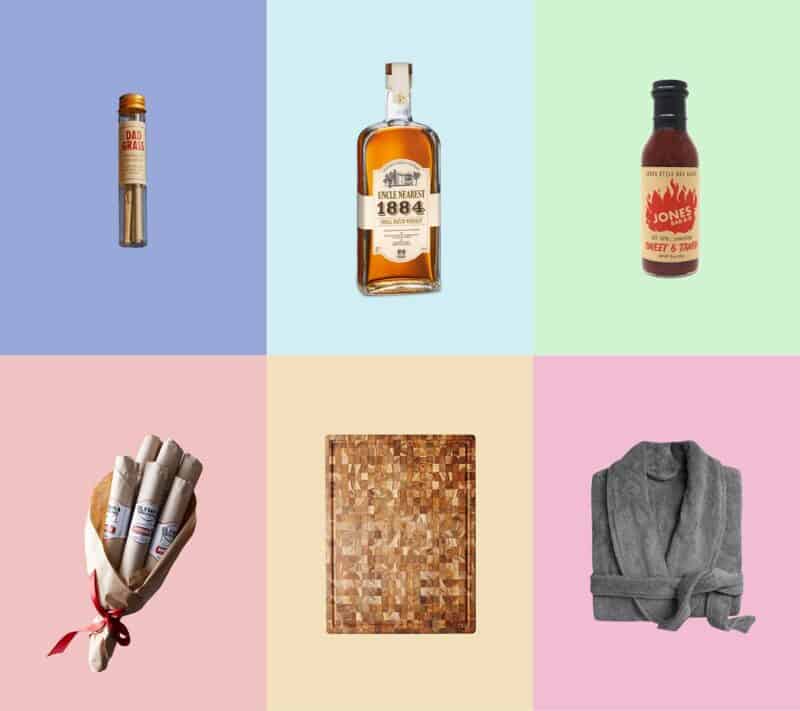 A collage of 6 of our favorite fathers day gfit ideas including a plush robe and a meat bouquet.