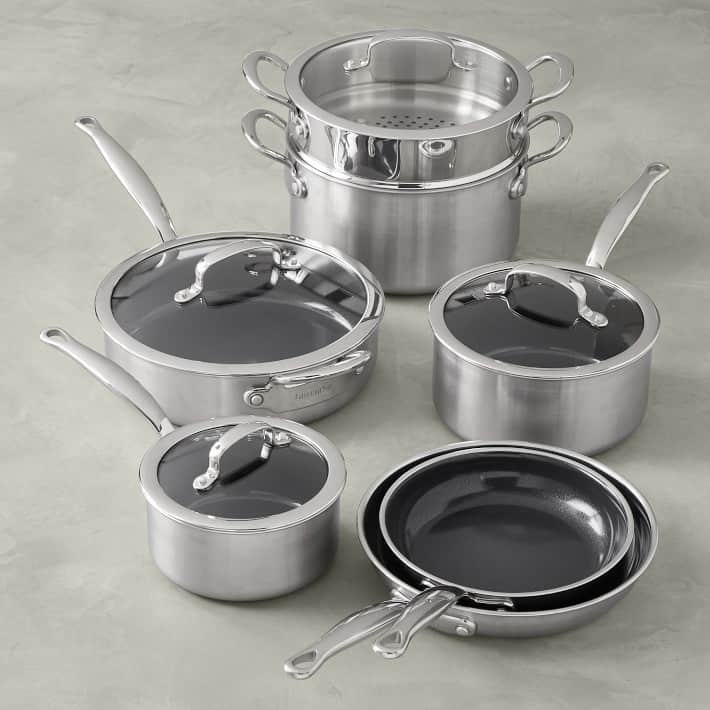 Set of four pots and two frying pans.