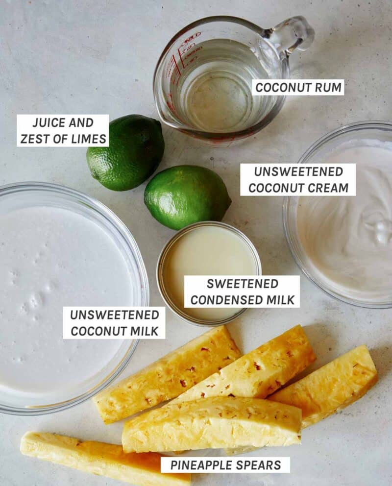 Ingredients for our Piña Colada Ice Pops recipe on a table.