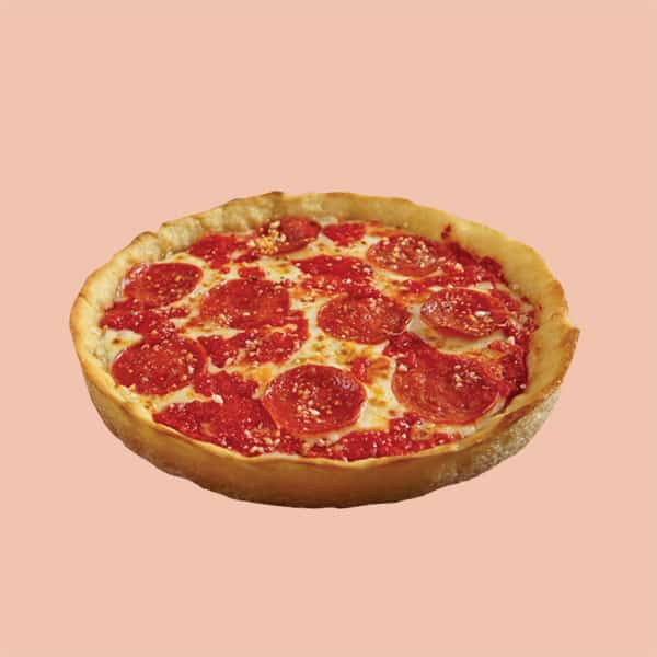 An image of a Chicago style deep dish pizza by Lou Malnatis. 