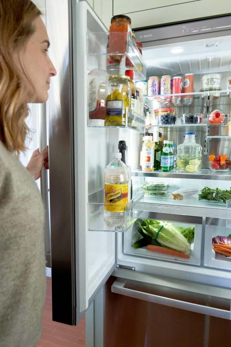 An interior view of a Bosch french door refrigerator. 