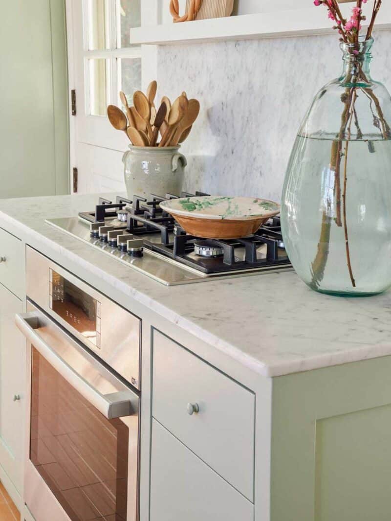 A kitchen remodel view of a stove and oven. 