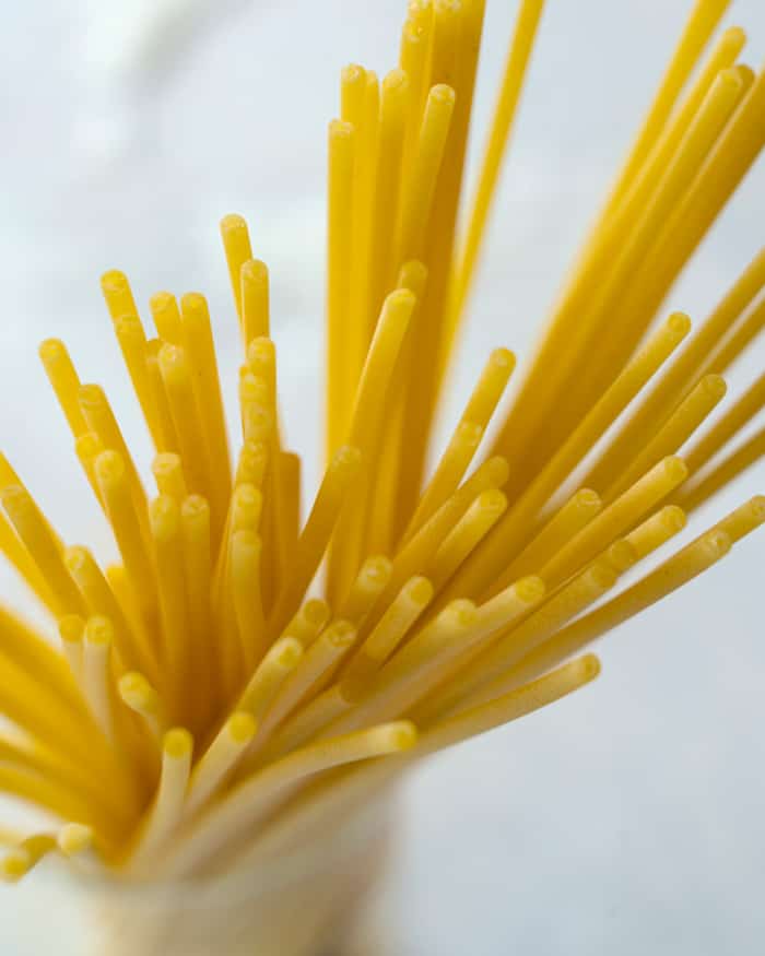 Close up of uncooked bucatini noodles.