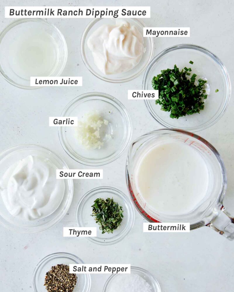 Buttermilk Ranch dipping sauce ingredients shot overhead.