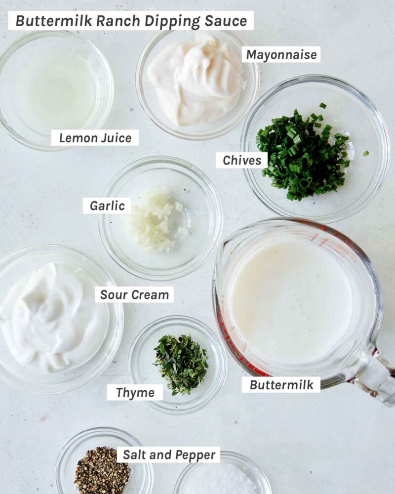 Buttermilk Ranch dipping sauce ingredients shot overhead. 