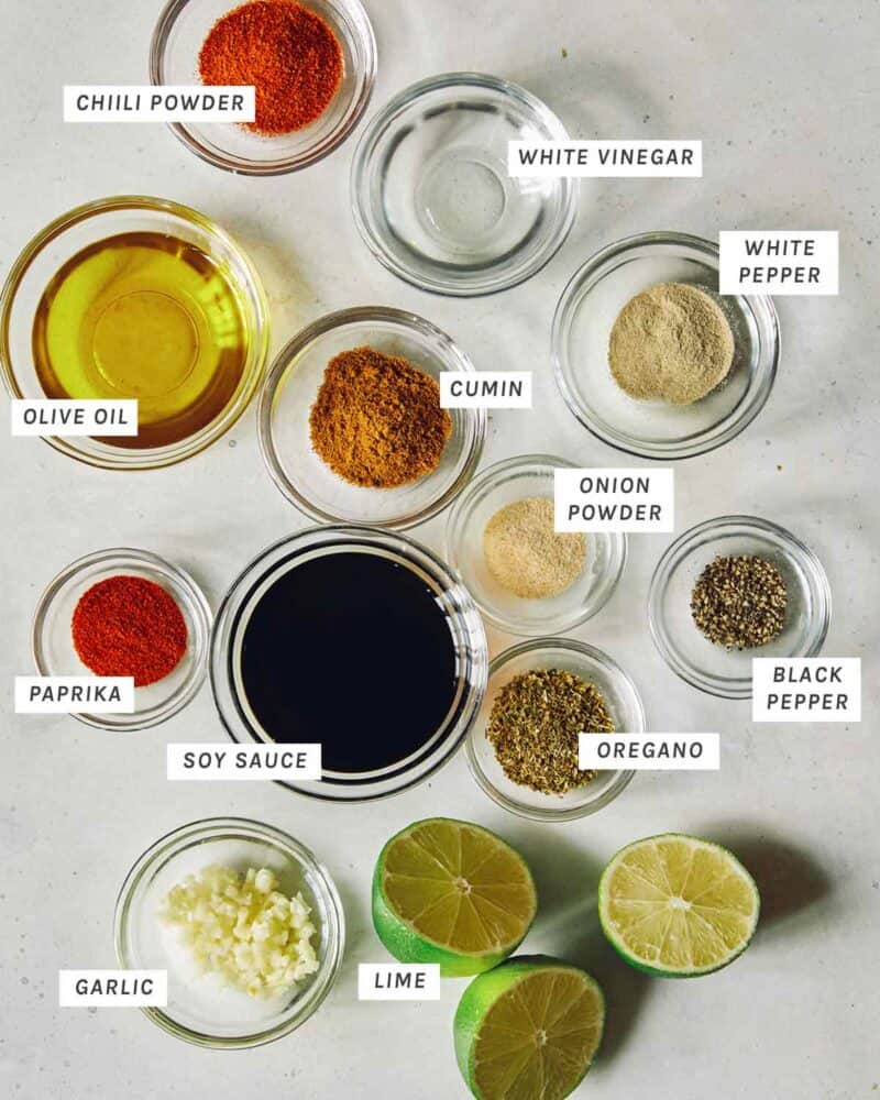 Ingredients for carne asada marinade shot overhead.
