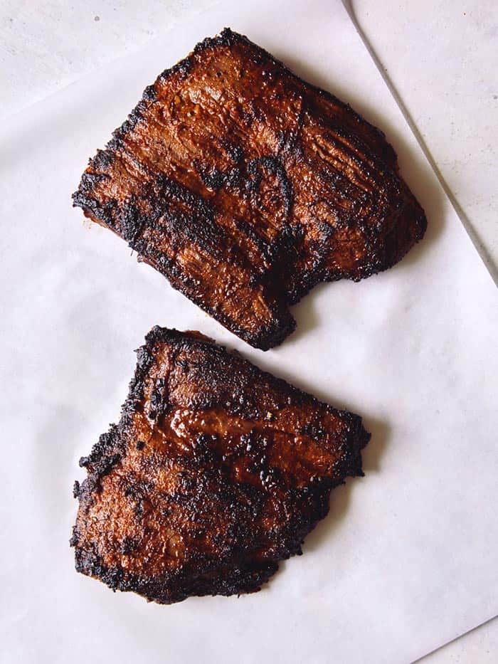 Grilled carne asada skirt steaks.