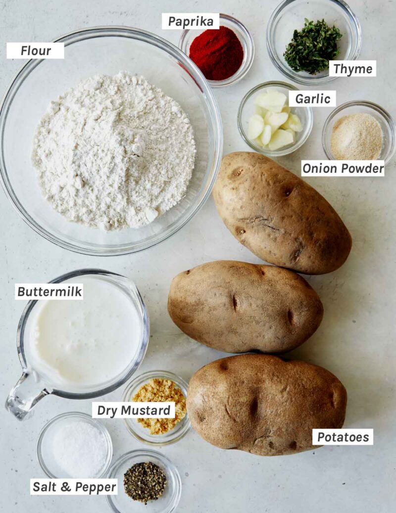 Ingredients for Chicken Fried Potatoes shot overhead.