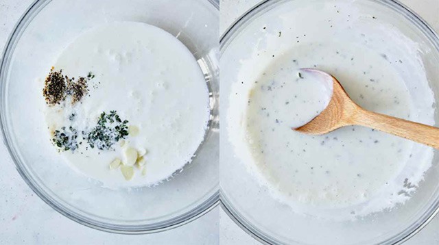 Buttermilk mixture in a glass bowl for chicken fried potatoes.