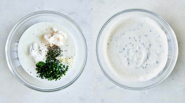 Buttermilk ranch dipping sauce in a bowl mixed together.
