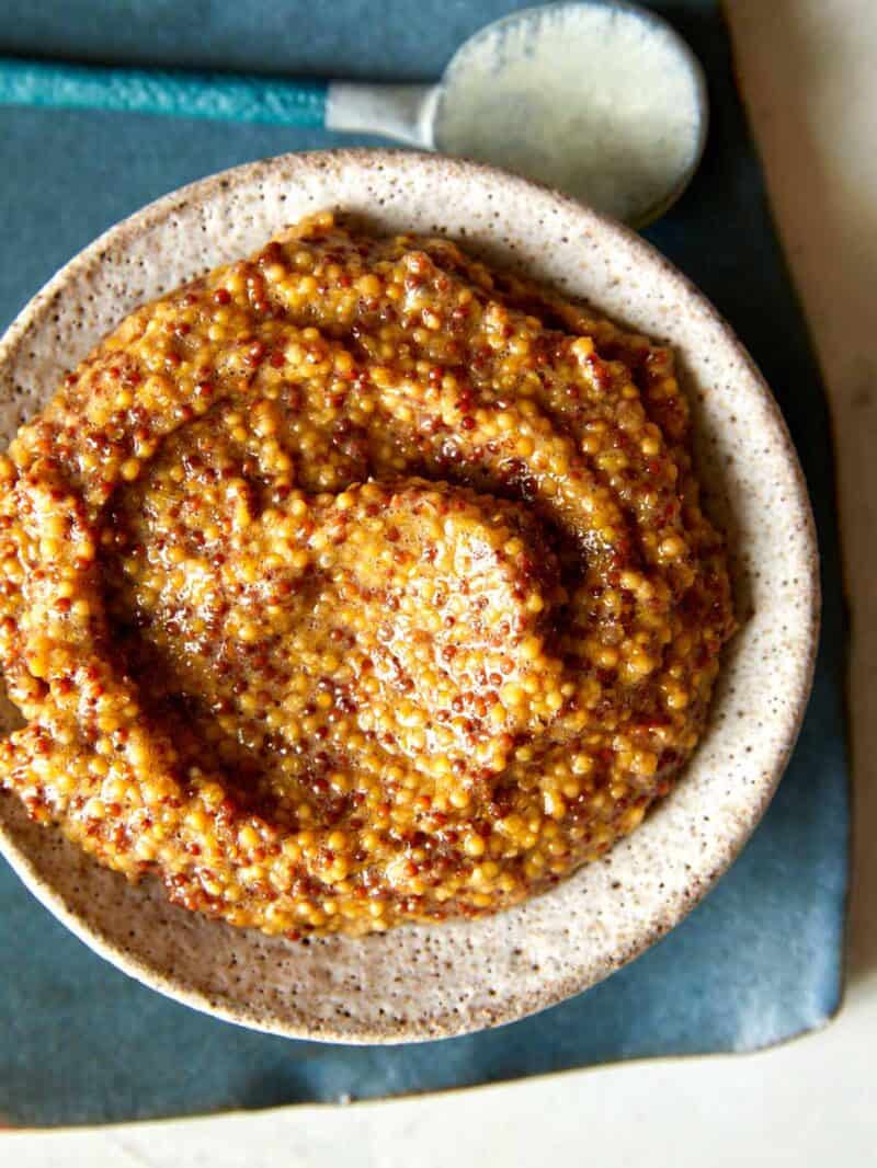 A close up overhead view of the Whole Grain Mustard. 