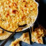 Korean Cheese Corn recipe in a skillet with tortilla chips.