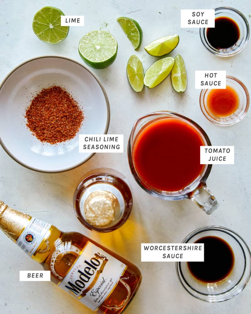 All the ingredients you need to make a Michelada shot overhead. 