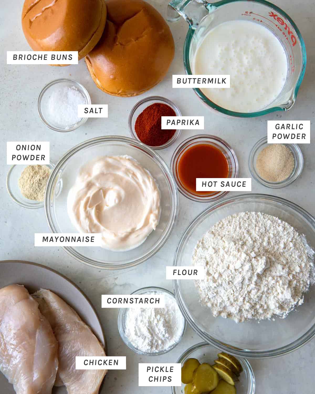 Popeyes Chicken Sandwich recipe ingredients shot overhead.