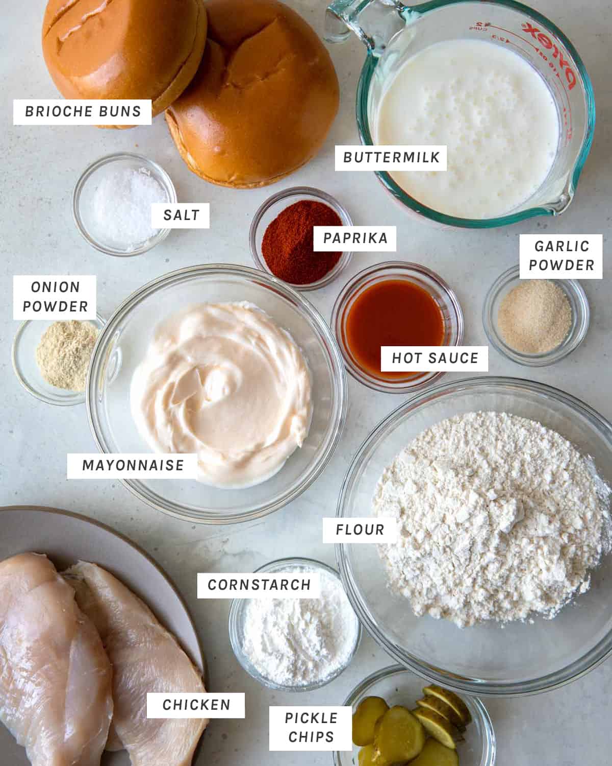 Popeyes Chicken Sandwich recipe ingredients shot overhead. 