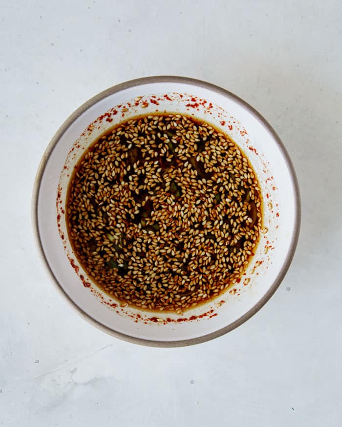 Potsticker dipping sauce in a bowl.
