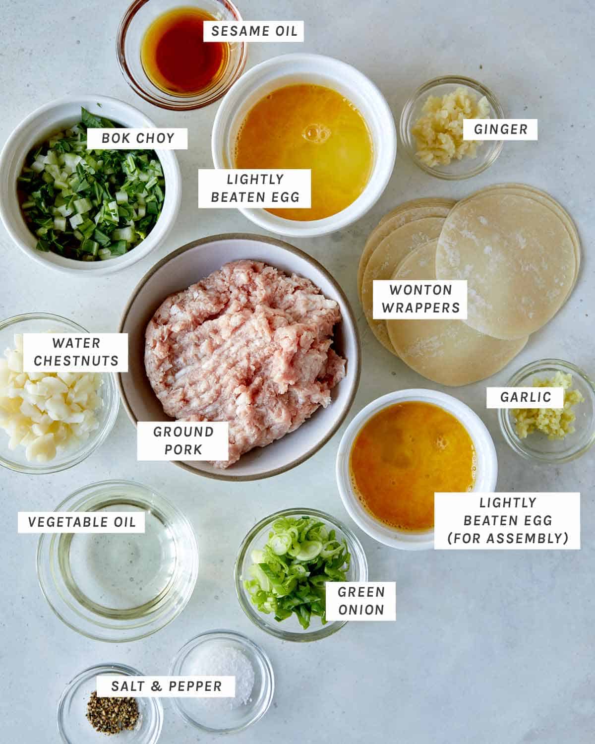 Ingredients for making potstickers shot overhead and labeled.