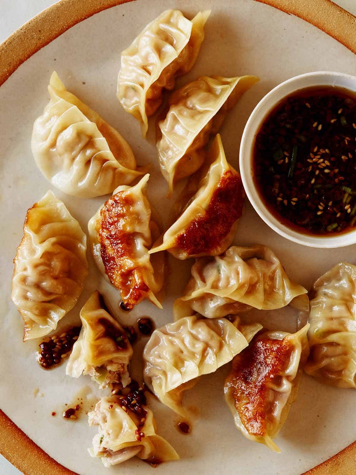 Potstickers on a platter overhead with potsticker dipping sauce on the side. 