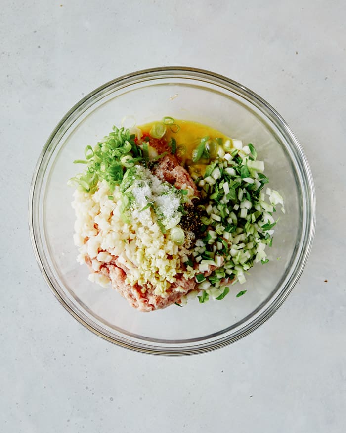 Potsticker filling ingredients in a bowl. 