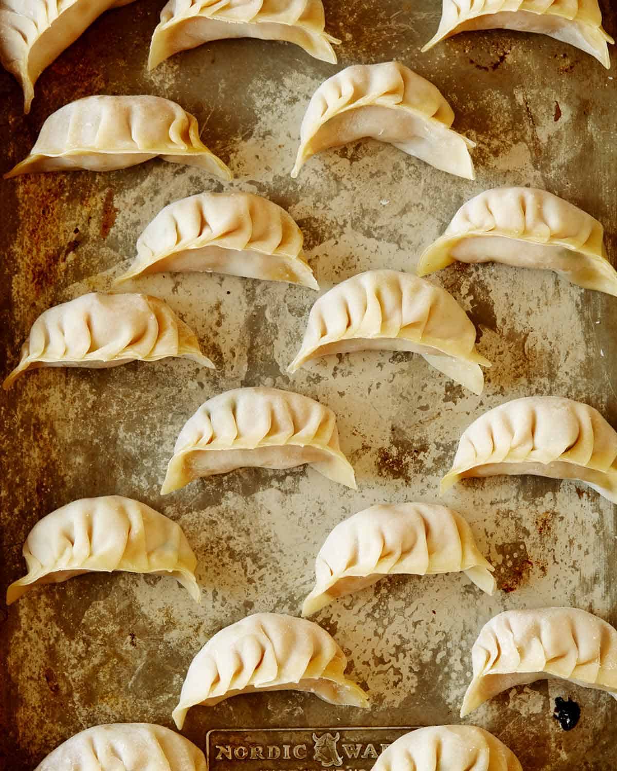 Potstickers on a baking sheet.