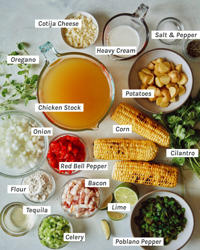 An ingredient shot of all the items needed to make our Roasted Corn Chowder recipe.
