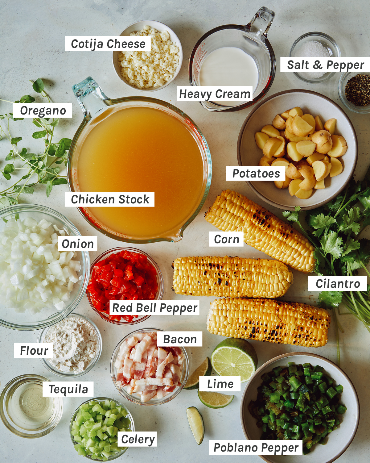 An ingredient shot of all the items needed to make our Roasted Corn Chowder recipe. 