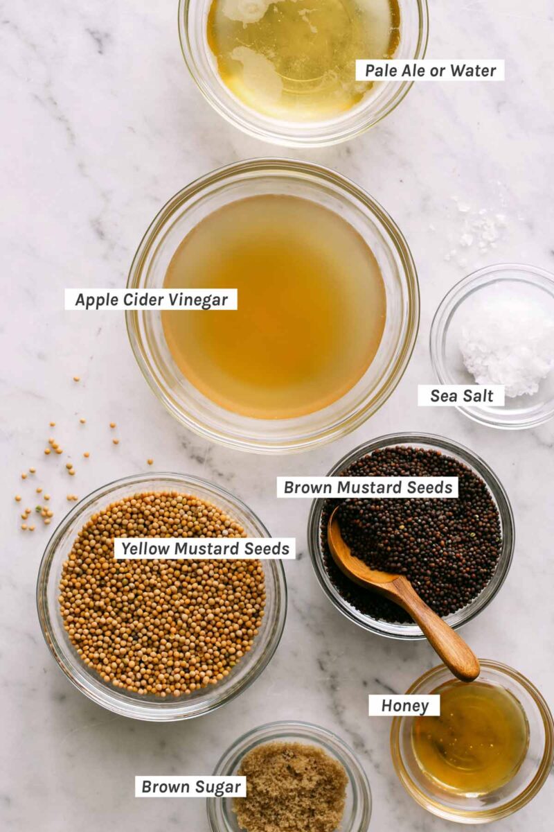 Ingredients for our Whole Grain Mustard recipe overhead.