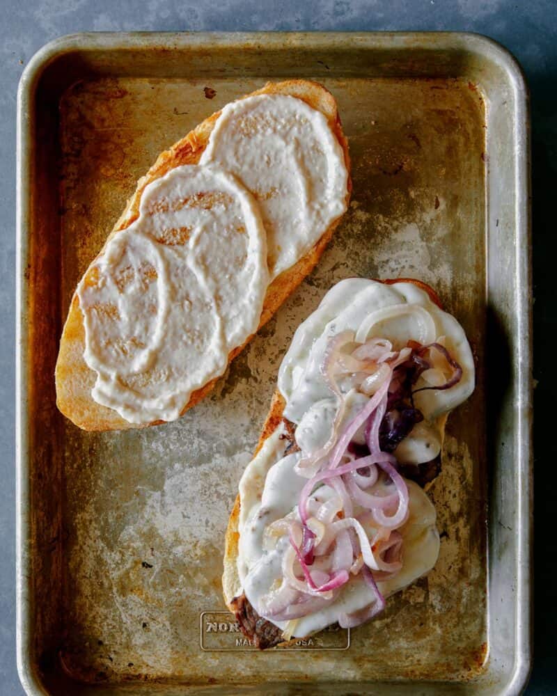 A tri tip sandwich assembly completed with now ready to be served.