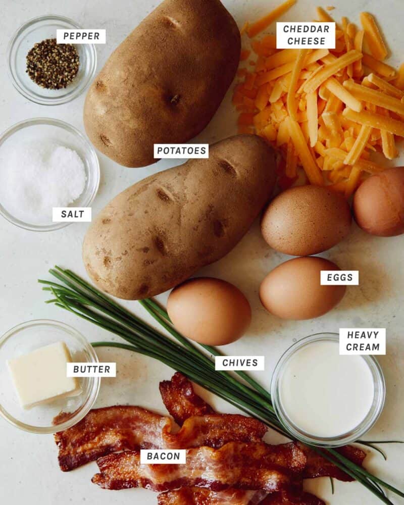 Twice baked breakfast potatoes ingredients shot overhead. 