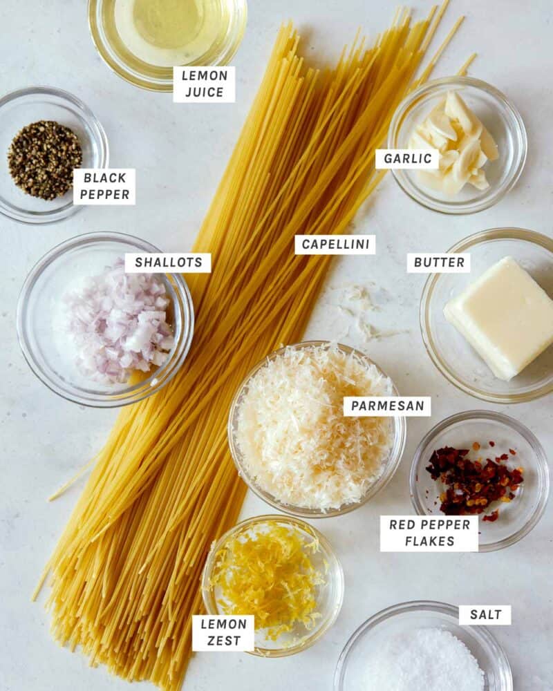 Ingredients shot overhead for our capellini pasta recipe. 