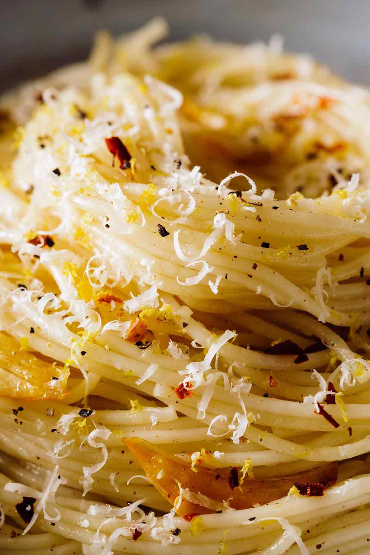 Capellini with Garlic, Lemon and Parmesan Spoon Fork Bacon