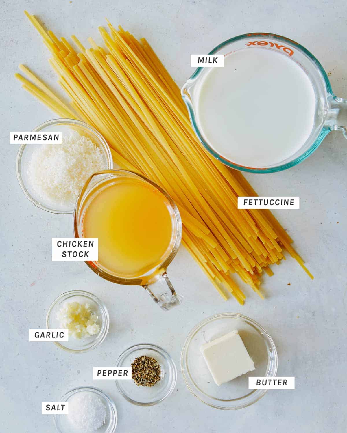 Ingredients in our One Pot Fettuccine Alfredo recipe. 