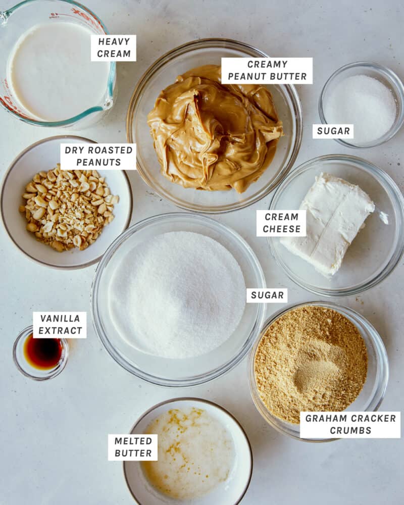 Ingredients to make a No Bake Peanut Butter Pie shot overhead.