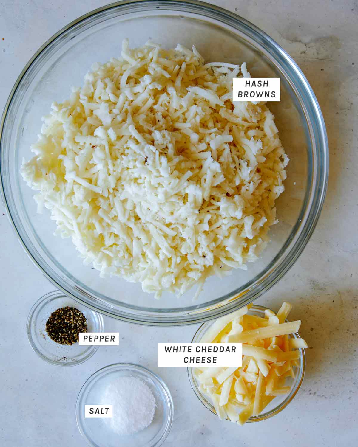 Ingredients for the hash brown crust for a quiche.