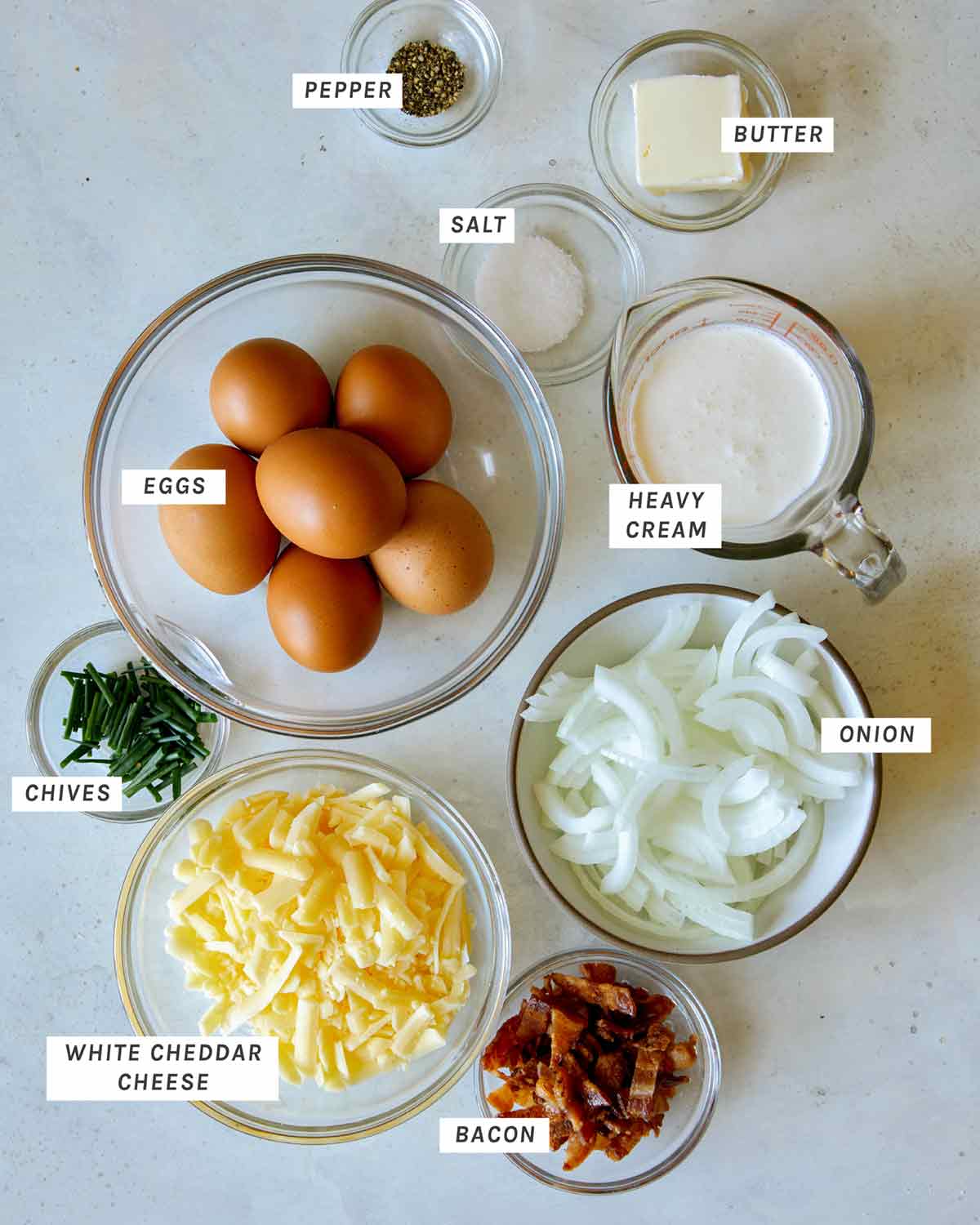 Ingredients in our Onion and Bacon Quiche with a Hash Brown crust. 