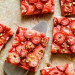 Strawberry tart square up close.