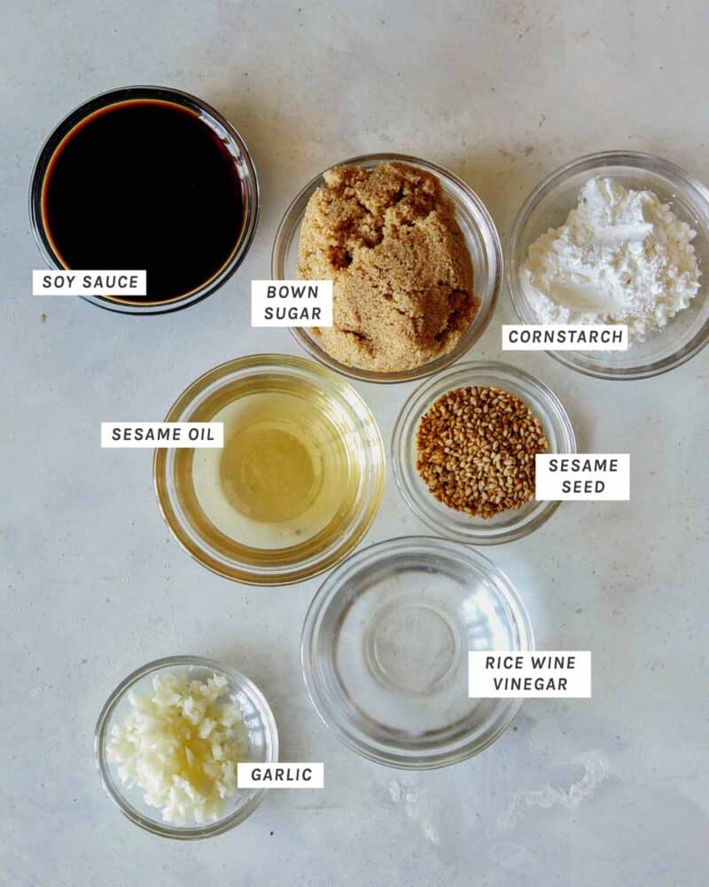 Ingredients for sesame chicken sweet and sticky sauce.