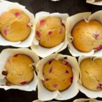 Strawberry and Rhubarb muffin recipe shot overhead.