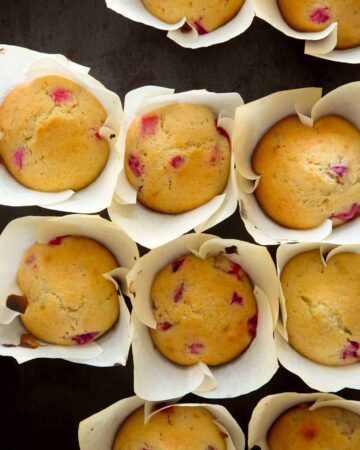 Strawberry and Rhubarb muffin recipe shot overhead.