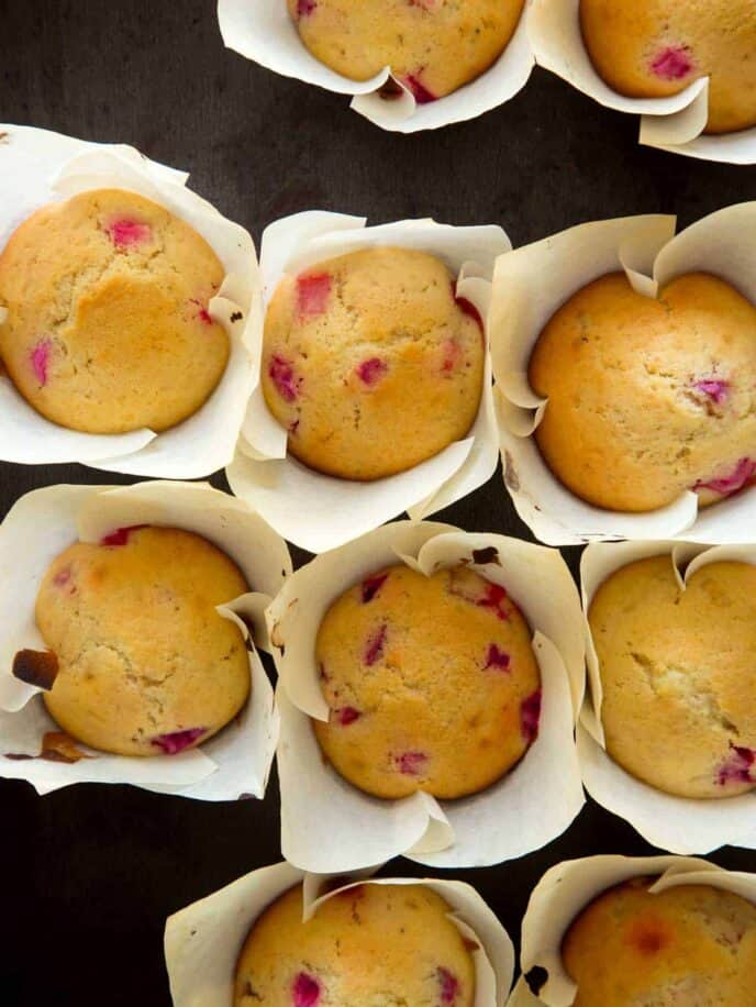 Strawberry and Rhubarb muffin recipe shot overhead. 