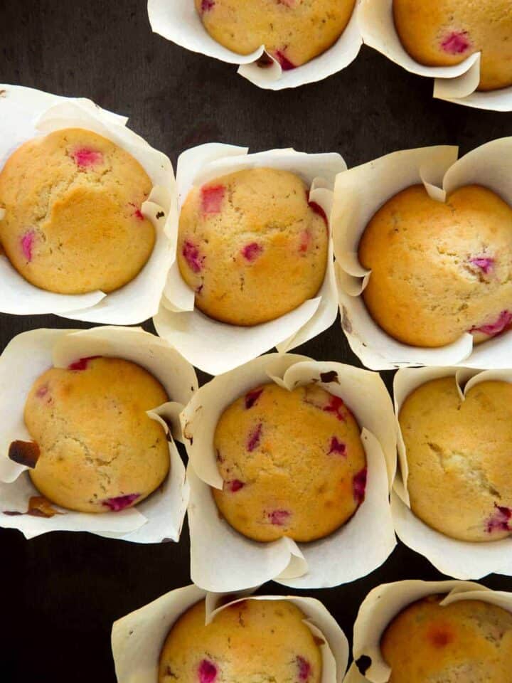 Strawberry and Rhubarb muffin recipe shot overhead.