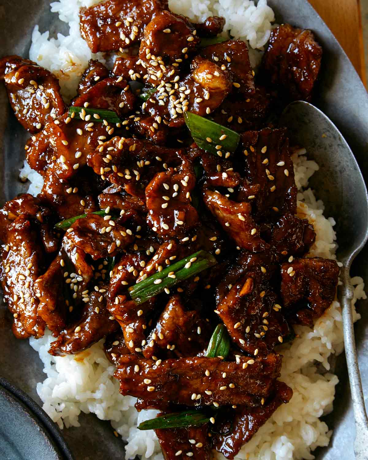 Close up shot of Mongolian Beef over rice. 