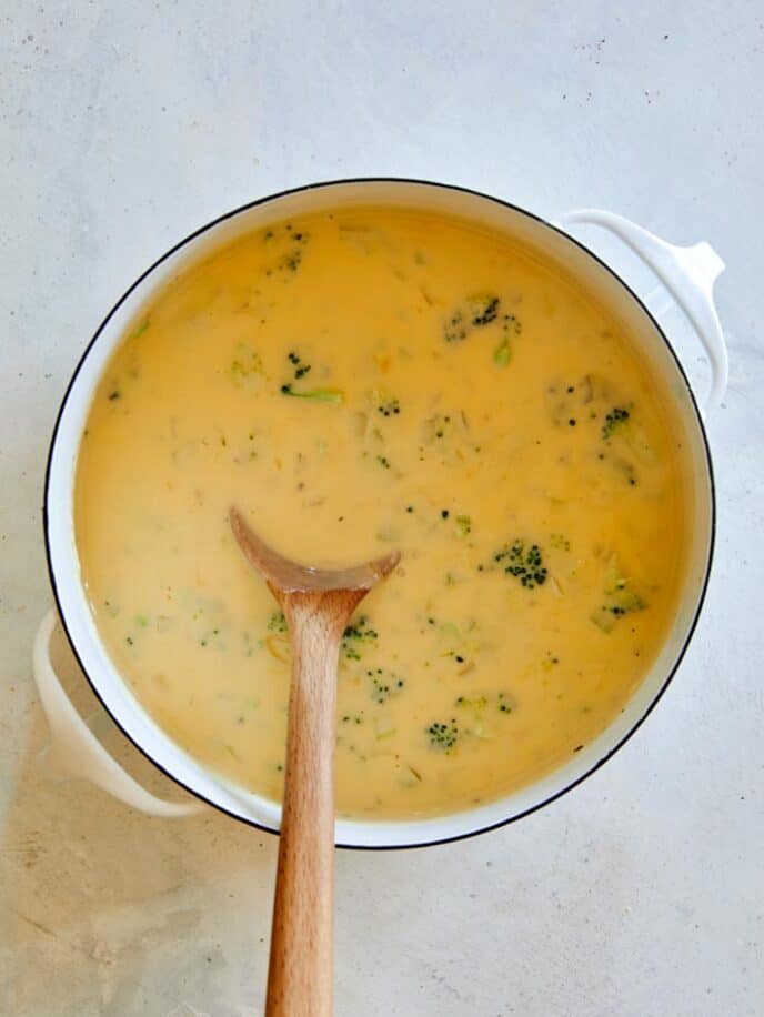 Broccoli cheddar soup in a stock pot.