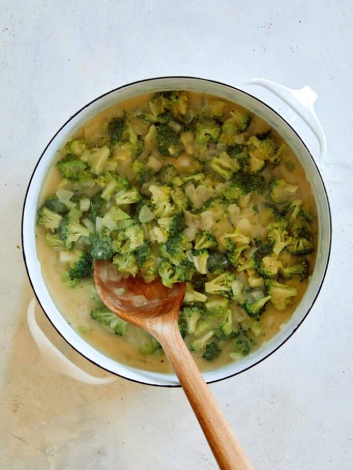 Broccoli cheddar soup with celery soup made in a stock pot.