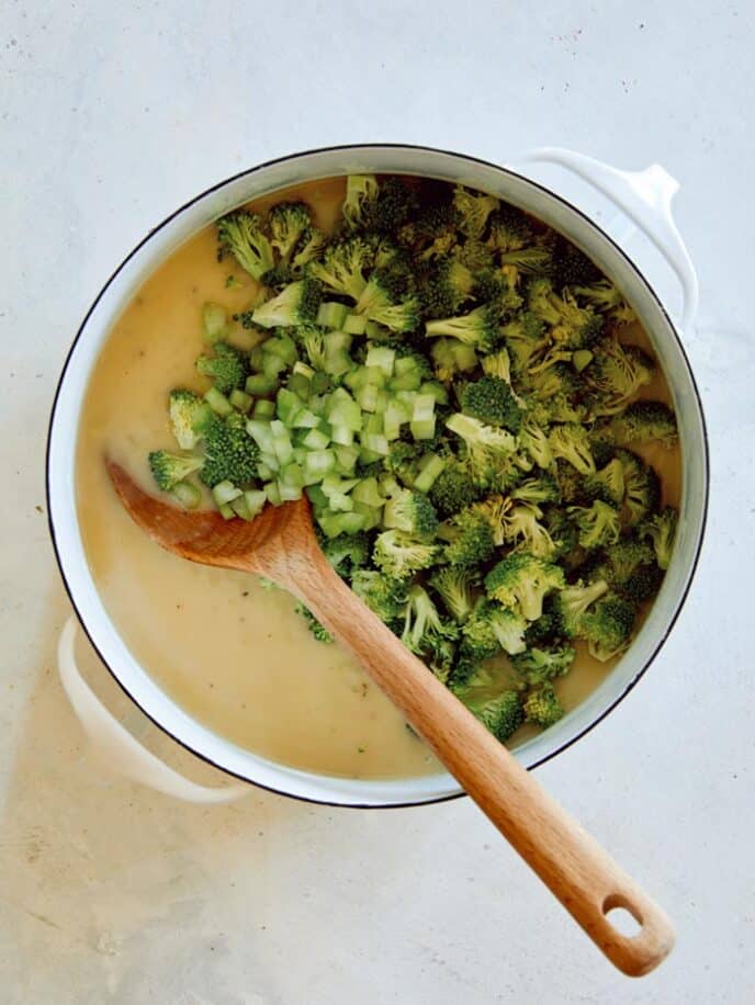 Broccoli and celery combined with a stock to make the start of broccoli cheddar soup.