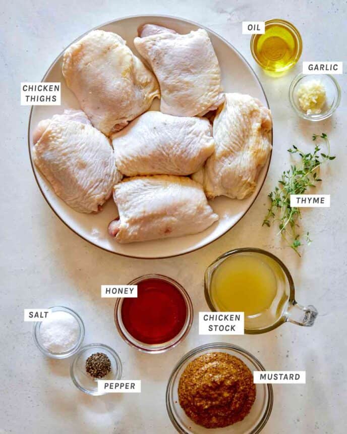 Oven baked chicken thighs recipe ingredients prepped out.
