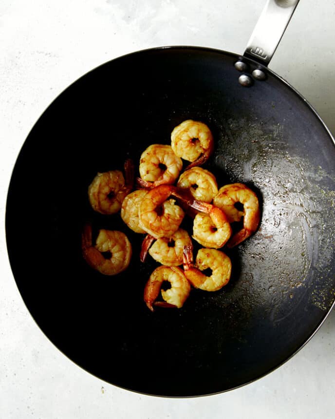 Shrimp cooked in a wok. 