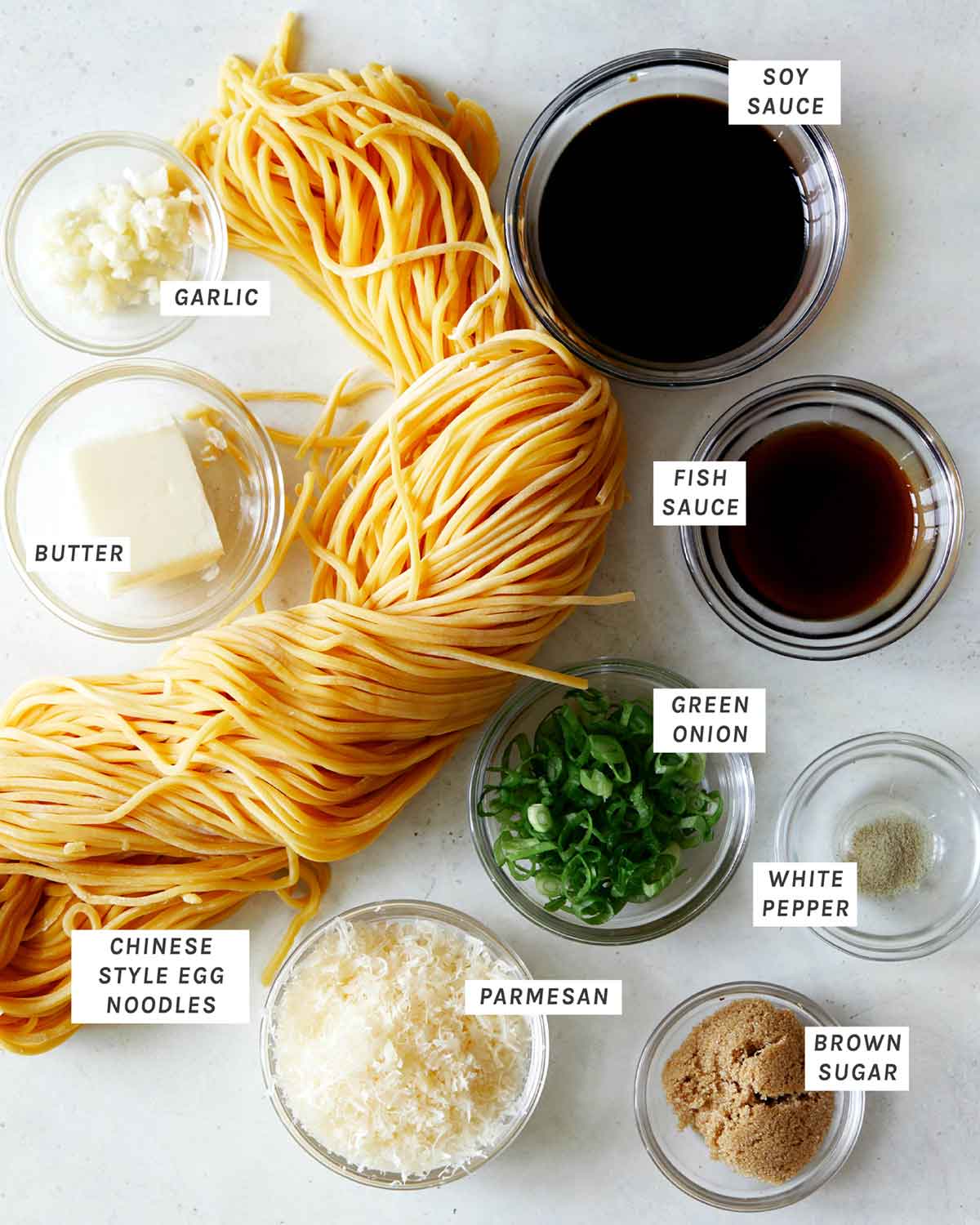 Ingredients for our easy Garlic Noodles recipe overhead. 