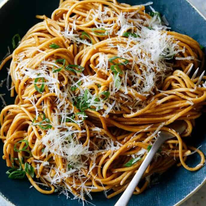 Garlic Noodles recipe in a big bowl with a fork.